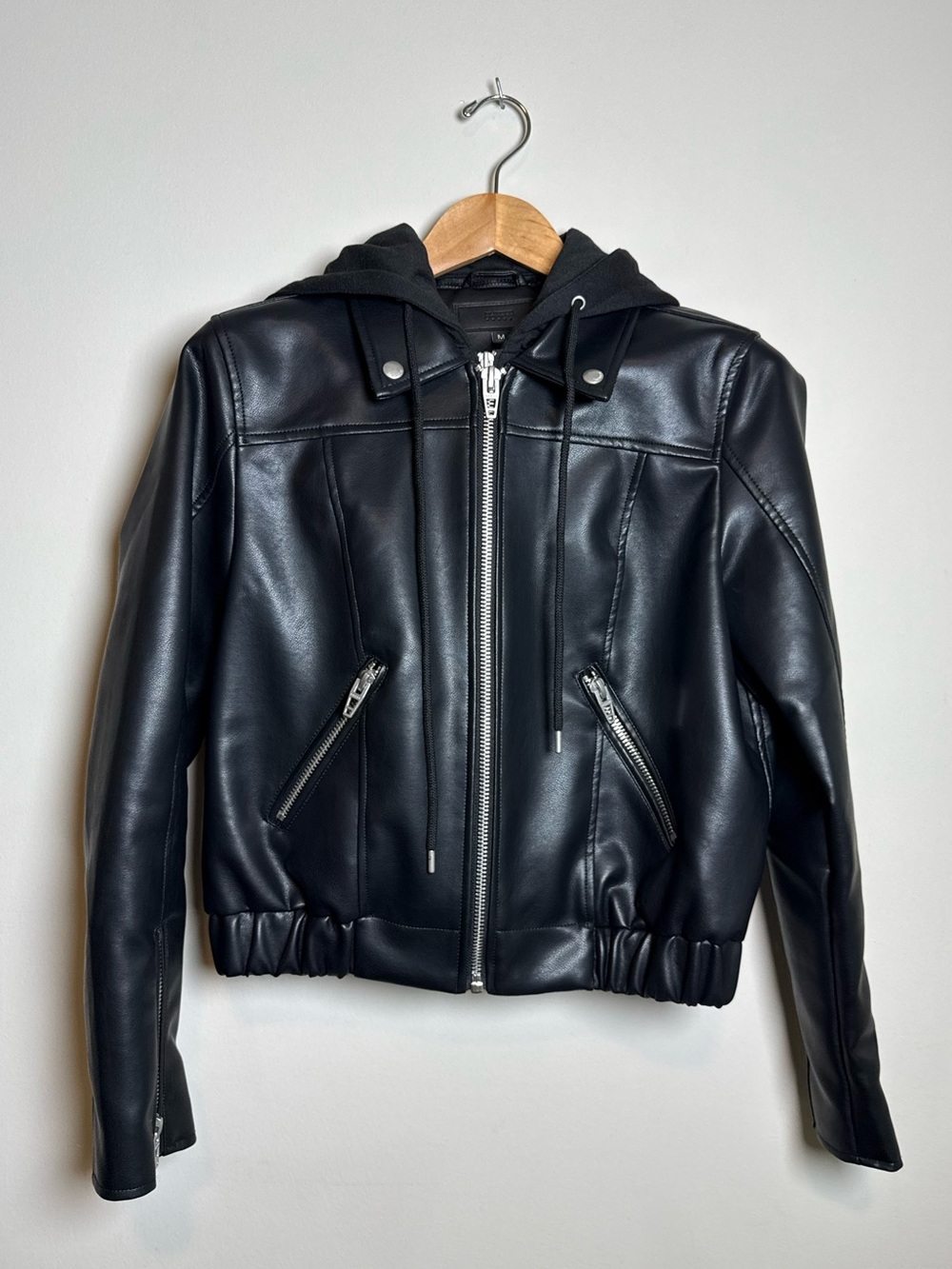 BlankNYC | Faux Leather Moto Jacket with Removable Hood | Black | Size Medium